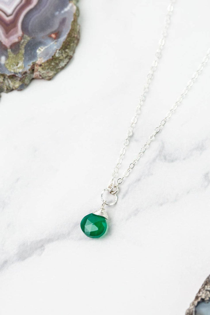 Birthstone May Silver Green Onyx Solitaire Drop Necklace