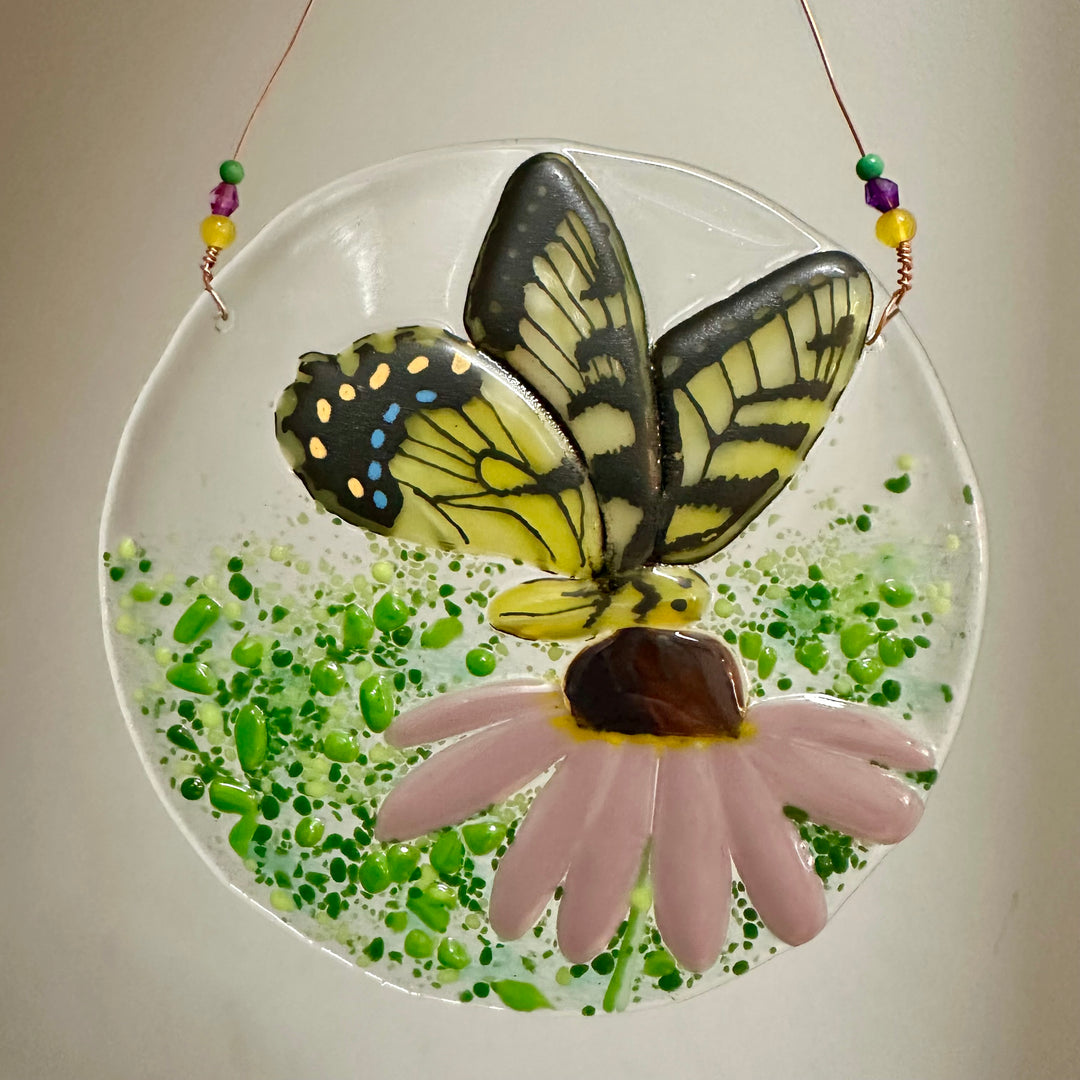 Yellow Swallowtail Butterfly Fused Glass Suncatcher