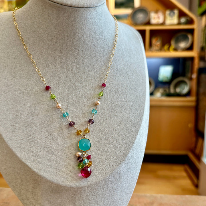 Gem Cascade Pendant Necklace Chalcedony & Rose Quartz