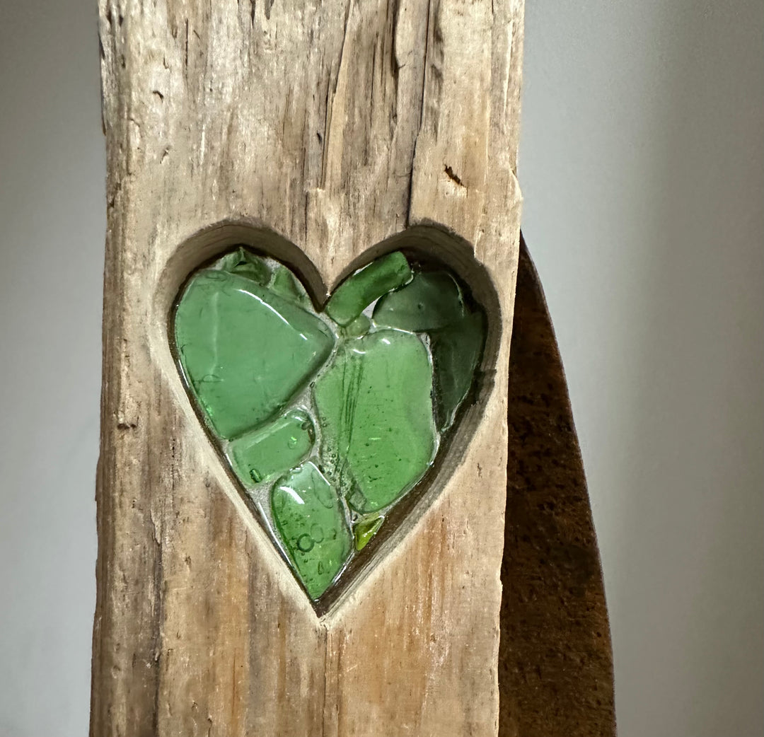 Driftwood + Beach Glass Green Heart with Metal Stand