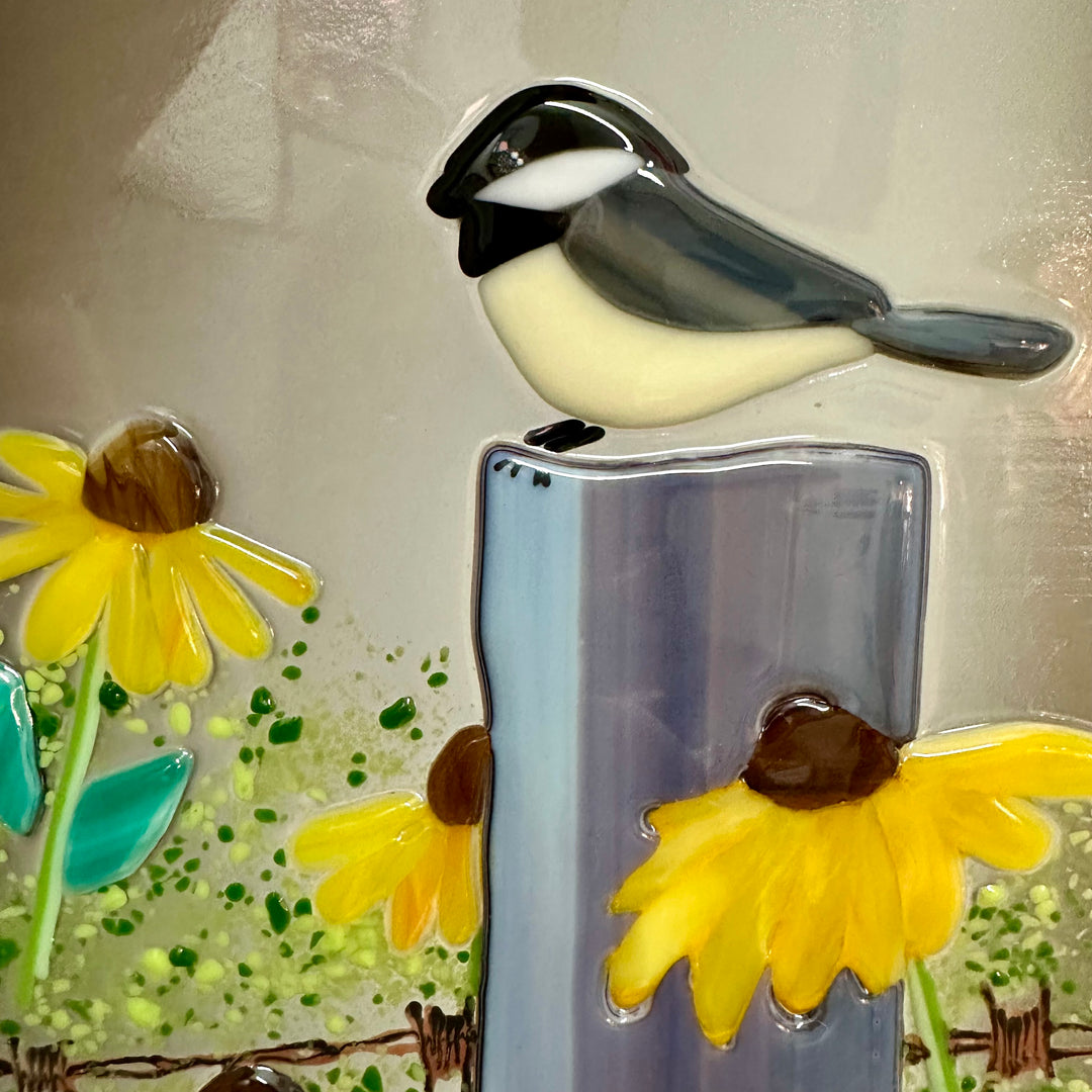 Chickadee on a Fence Fused Glass Panel