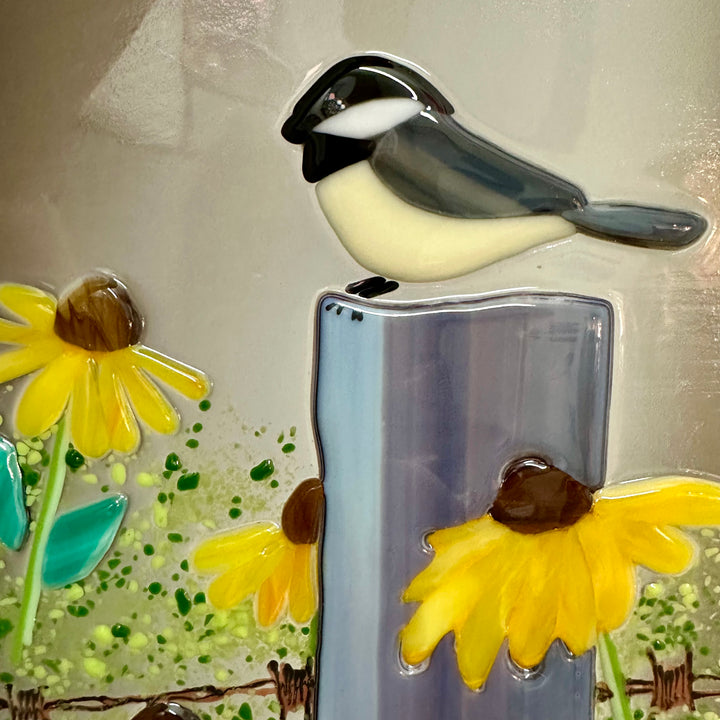 Chickadee on a Fence Fused Glass Panel