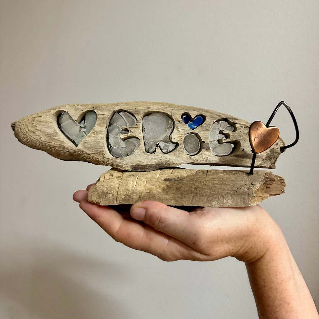 Driftwood + Beach Glass ERIE with Wire + Heart