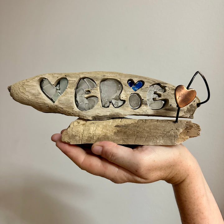Driftwood + Beach Glass ERIE with Wire + Heart