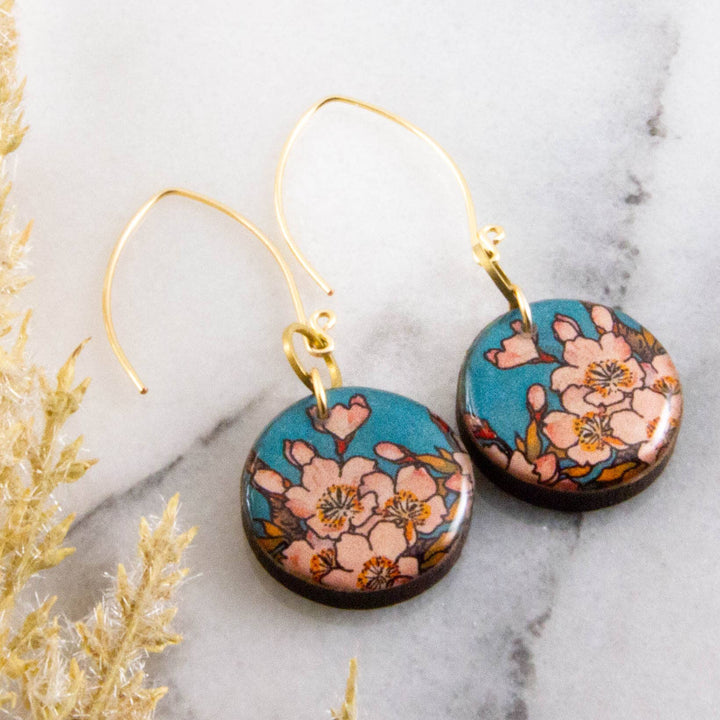 Turquoise + Pink Cherry Blossom Circle Earrings