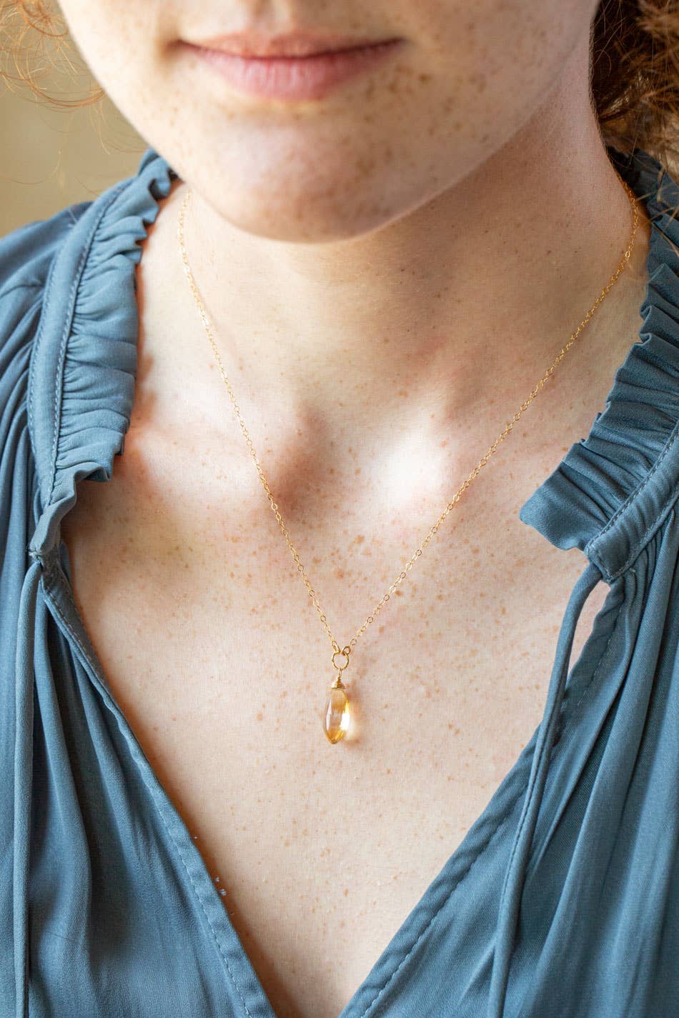 Birthstone November Gold Citrine Solitaire Drop Necklace