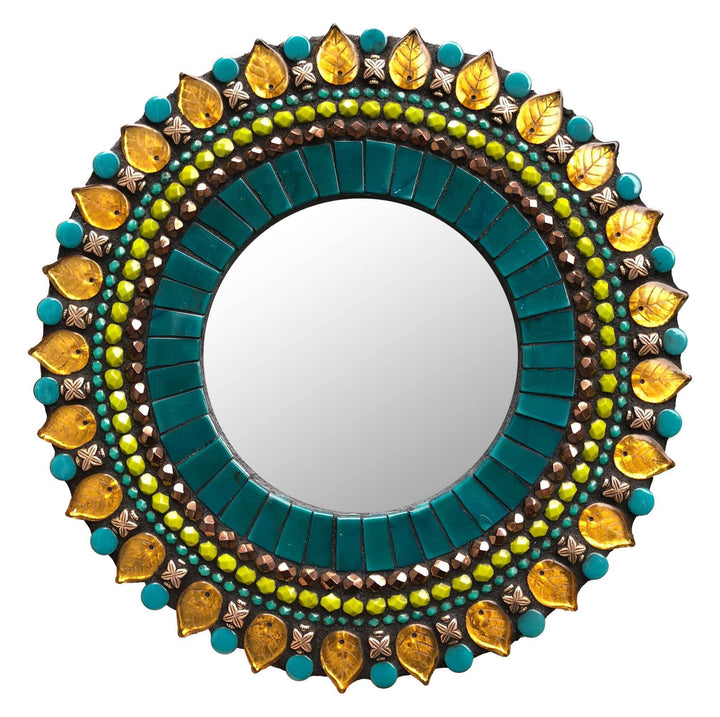 Teal Amber Round Mosaic Mirror