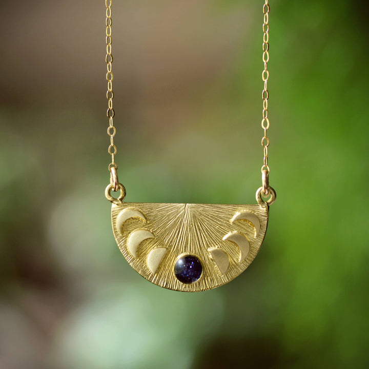 Moonphase Pendant Necklace with Crushed Gem Accent : Blue Goldstone