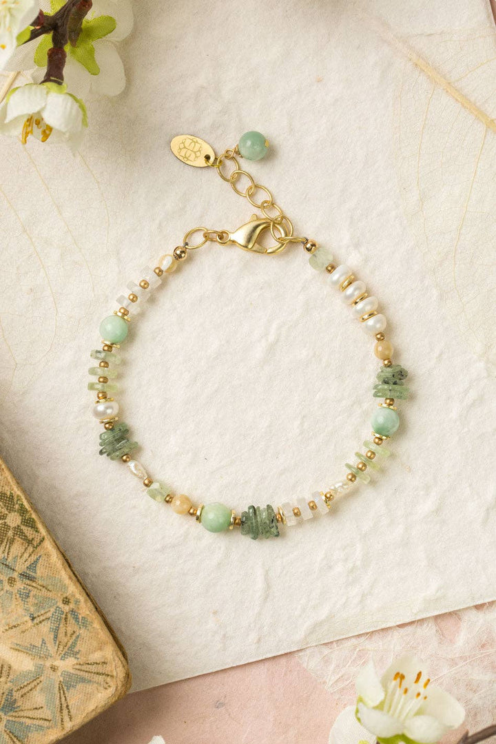 Contentment Bracelet Green Aventurine, Pearl + Prehnite