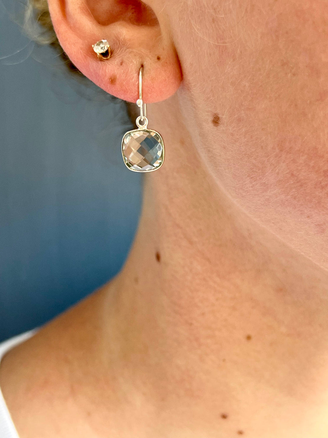 Square Faceted Green Amethyst Earrings in Silver