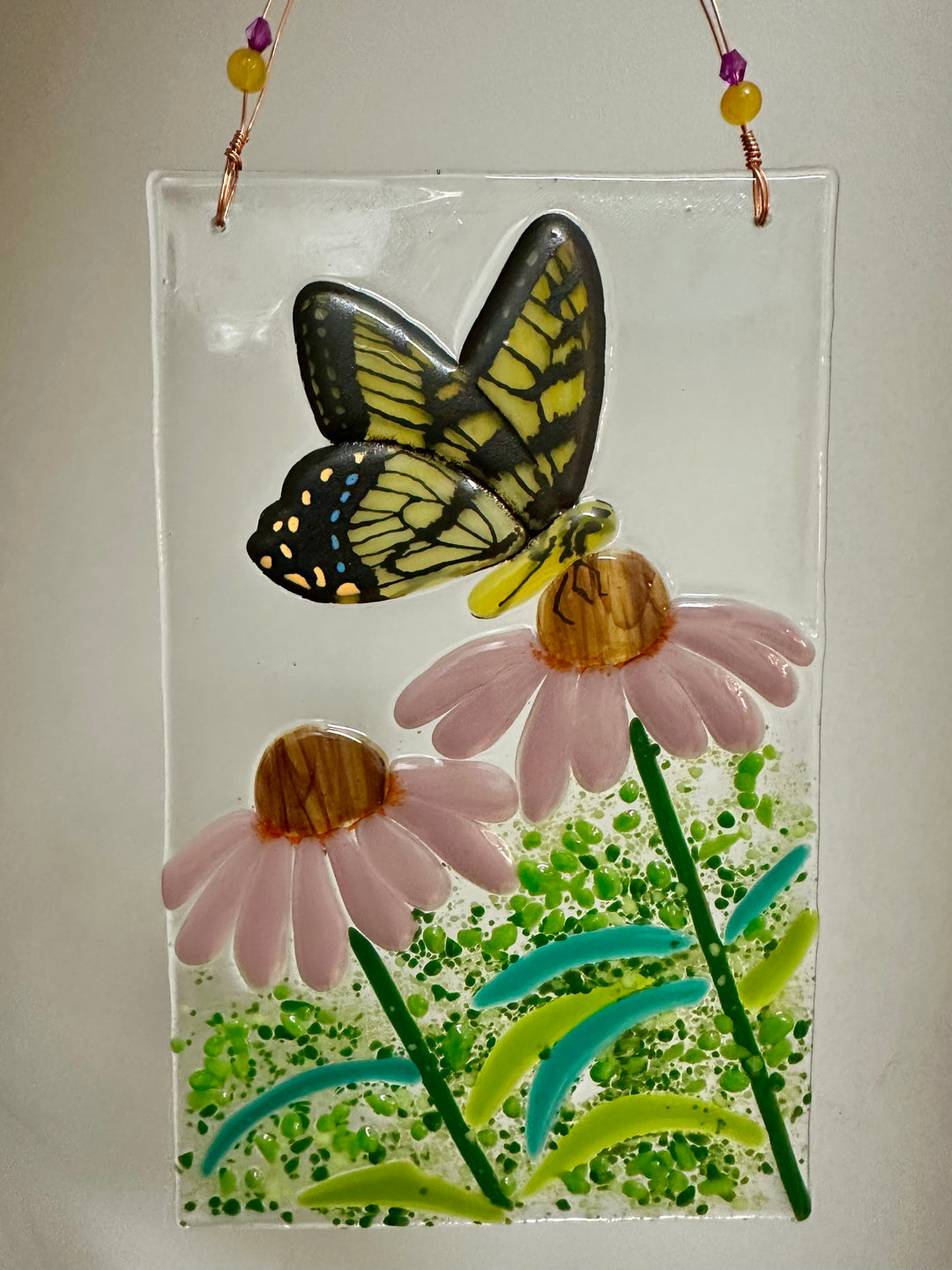 Swallowtail Butterfly on Cone Flower Glass Panel