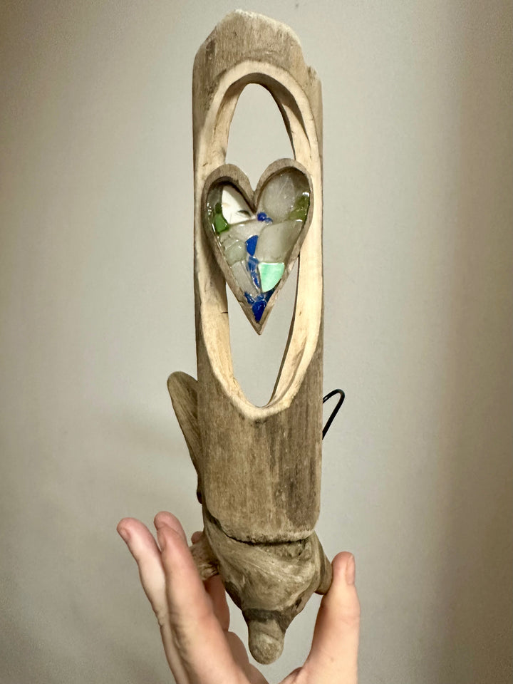 Driftwood + Beach Glass Heart with Wire Accent