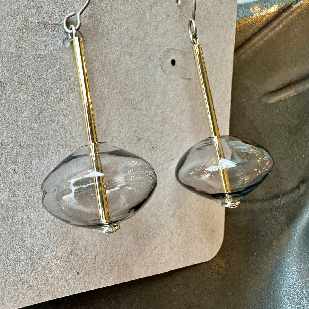 Gray Glass with Gold Tube Earrings