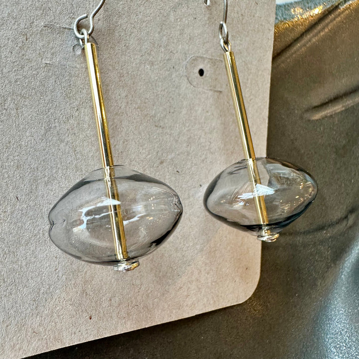 Gray Glass with Gold Tube Earrings