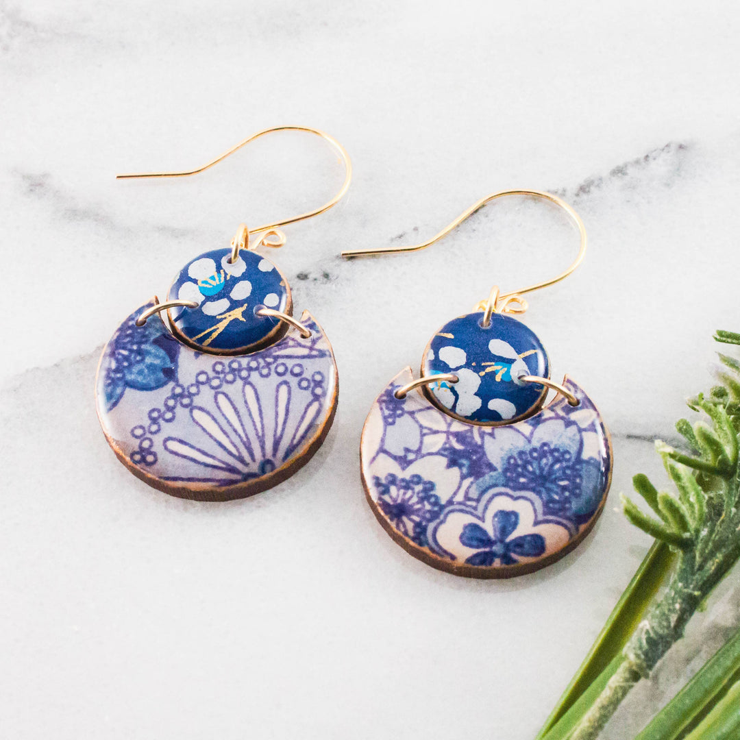 Blue + White Floral Double Circle Earrings