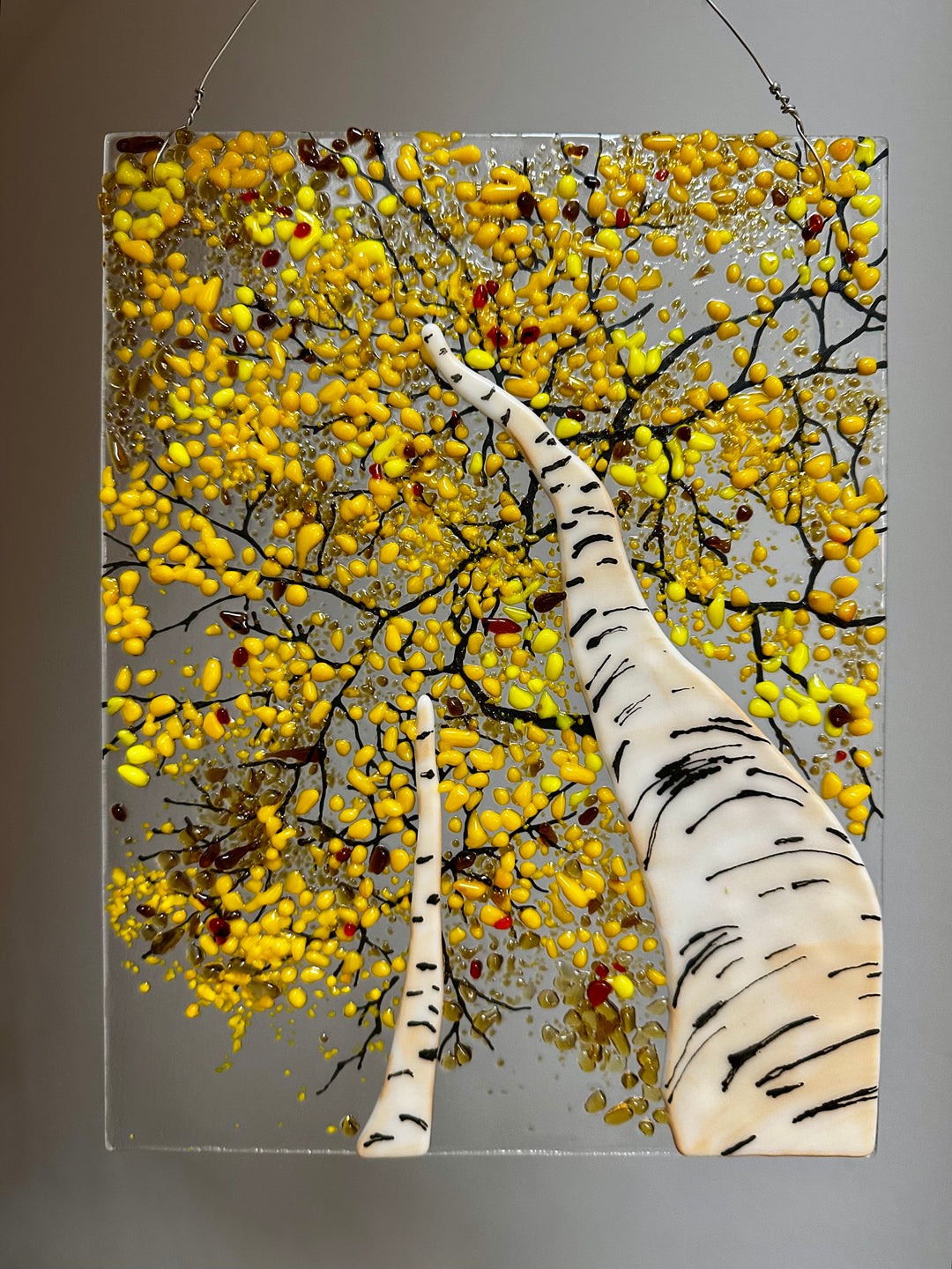 Double Yellow Birch Tree Scene Fused Glass Panel