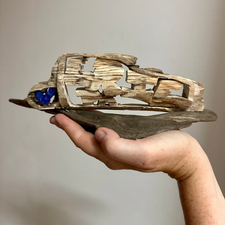 Driftwood + Beach Glass ERIE Carving with Blue Heart