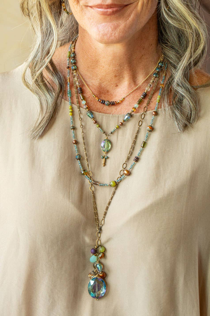Crisp Autumn Green Jade, Chalcedony, Freshwater Pearl Cluster Necklace