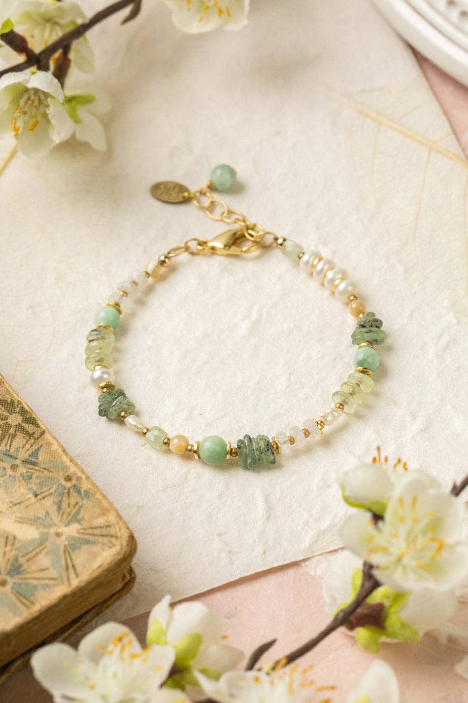Contentment Bracelet Green Aventurine, Pearl + Prehnite