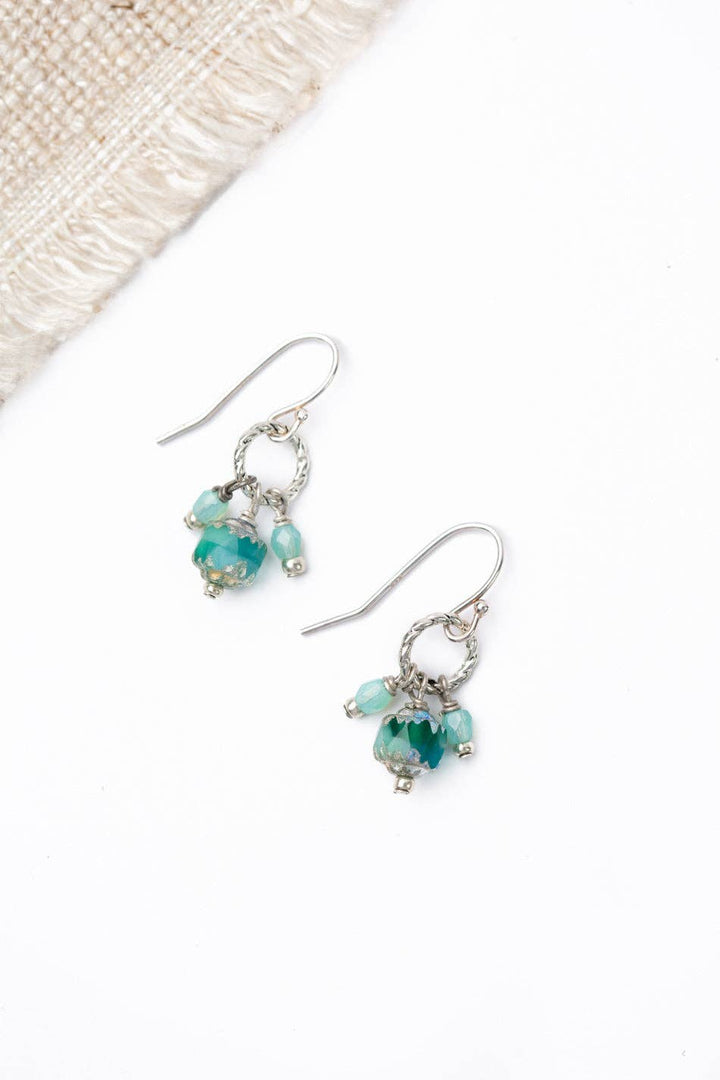 Silver Etched Aqua Glass Cluster Earrings