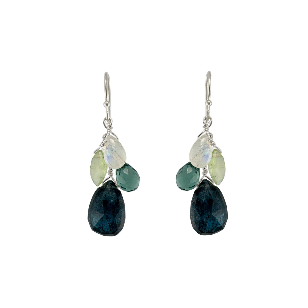 Kyanite, prehnite, quartz, & moonstone cluster earrings Silver