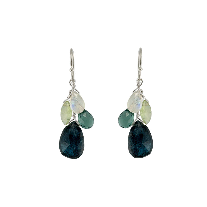 Kyanite, prehnite, quartz, & moonstone cluster earrings Silver