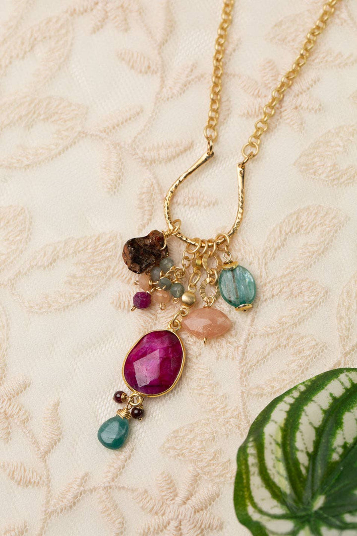 Gumdrop 29-31" Ruby, Peach Moonstone, Garnet, Kyanite Cluster Necklace