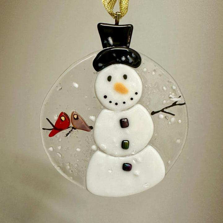 Snowman with Cardinals Pair on Arm Ornament