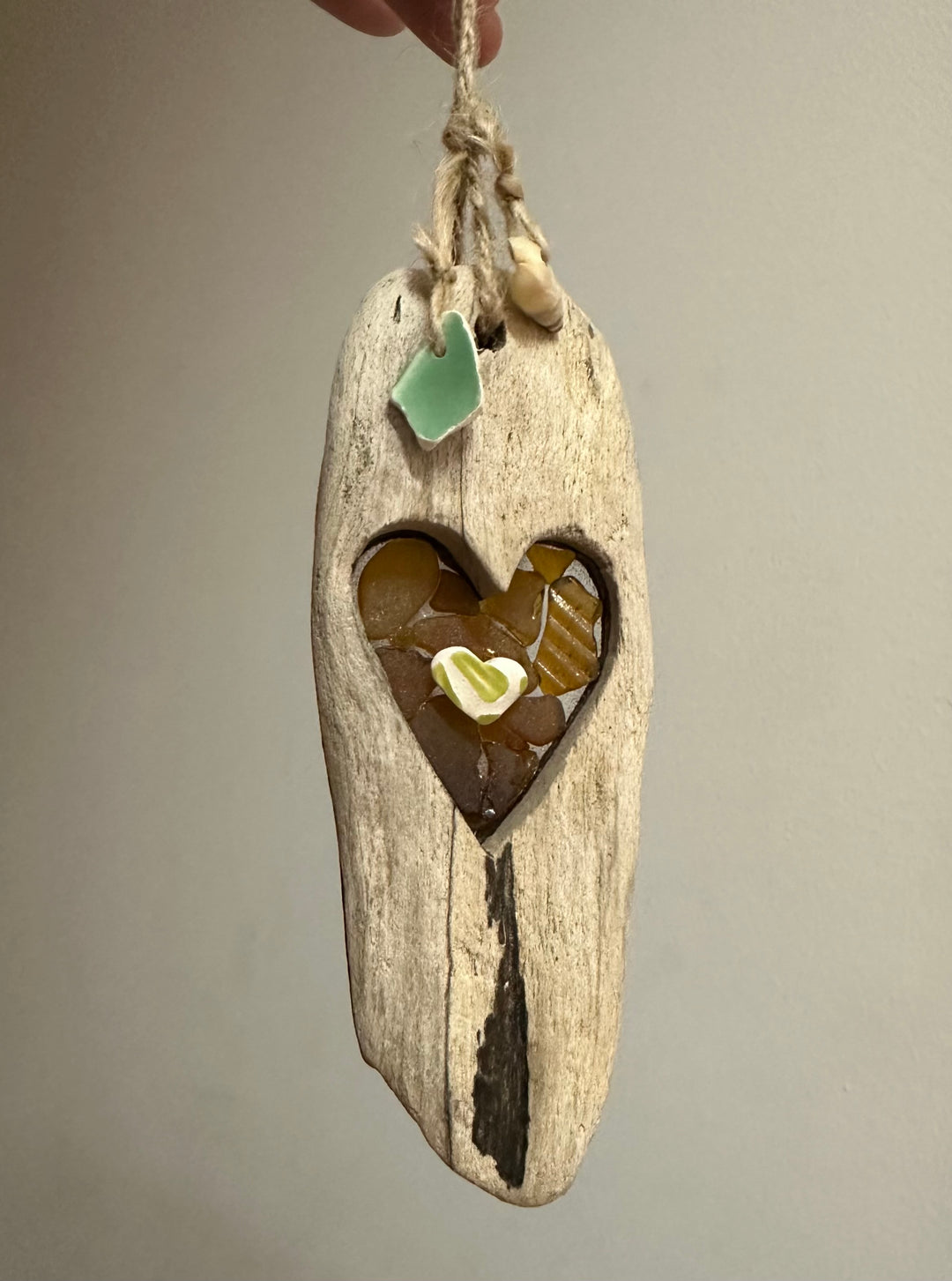 Beach Glass Amber Heart Driftwood Hanger