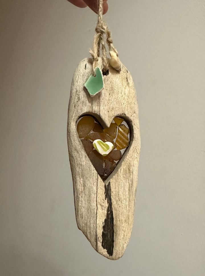 Beach Glass Amber Heart Driftwood Hanger