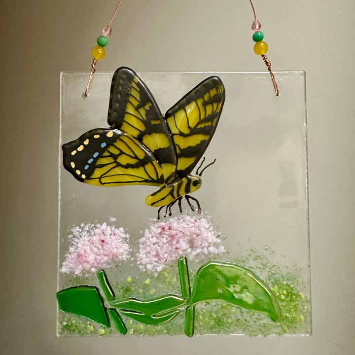 Swallowtail Butterfly + Flowers Glass Panel