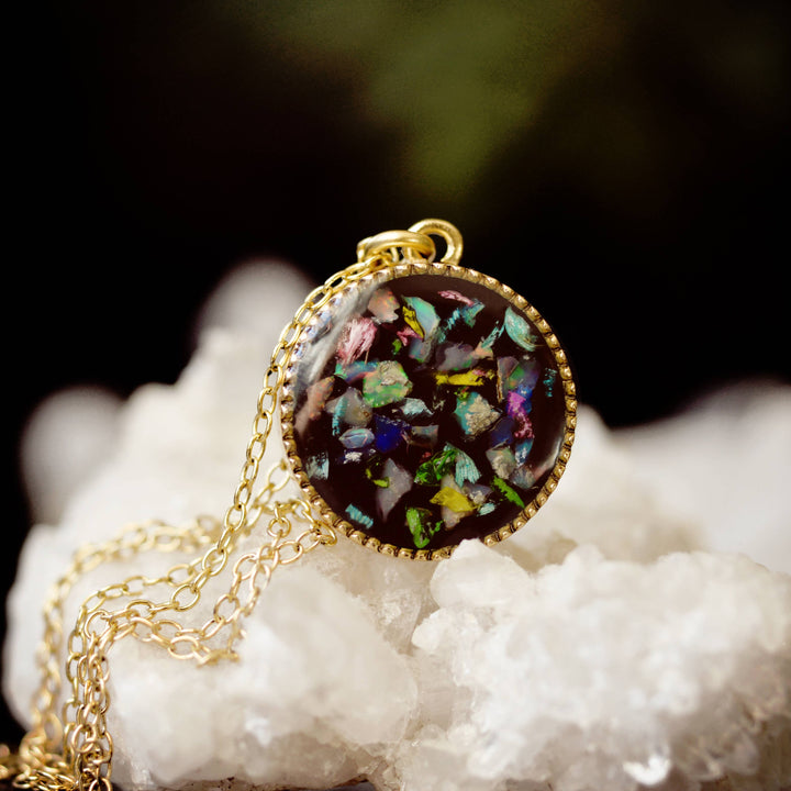Flower Petal Confetti + Opals Necklace Black Enamel