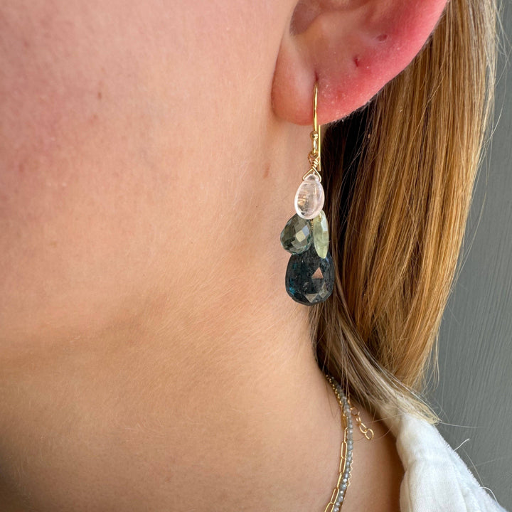 Kyanite, prehnite, quartz, & moonstone cluster earrings Silver