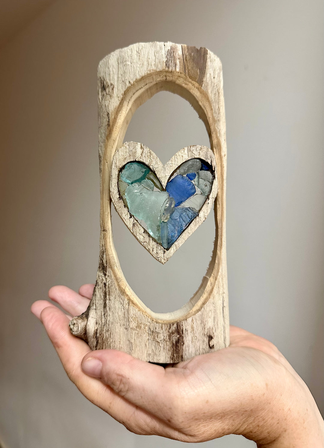 Driftwood + Beach Glass Floating Blue Heart