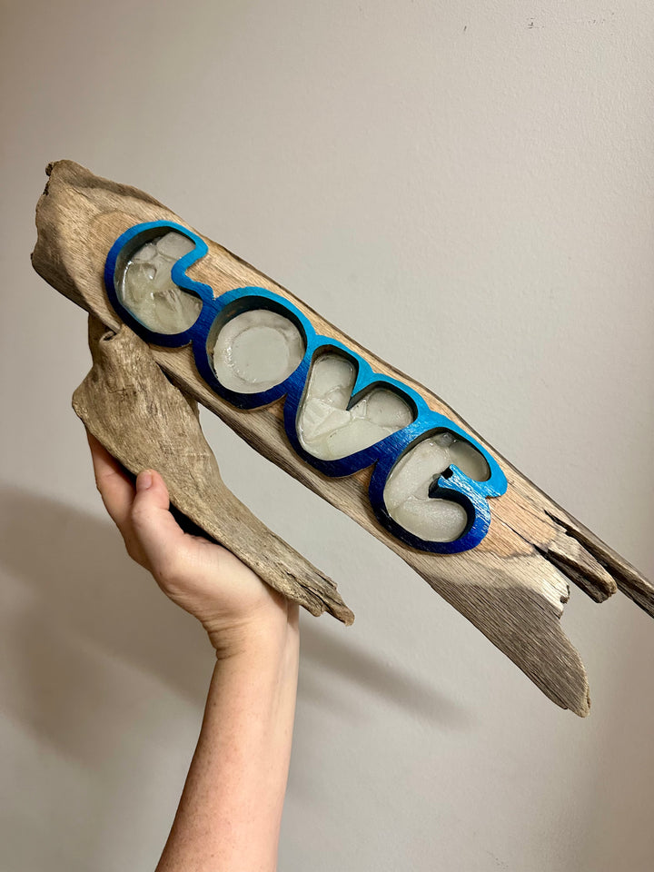 Driftwood + Beach Glass Blue LOVE Floating Stand Large