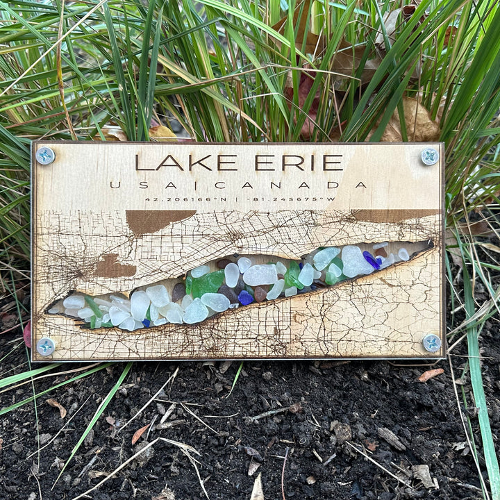 Lake Erie Map Wood + Beach Glass Small
