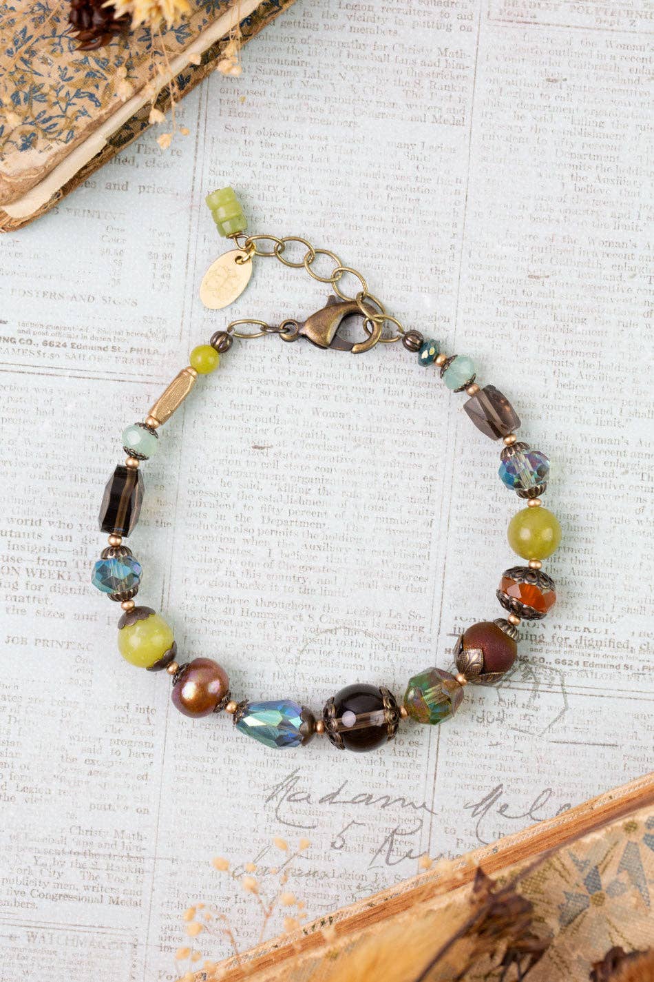 Crisp Autumn Green Jade, Crystal, Freshwater Pearl Collage Bracelet