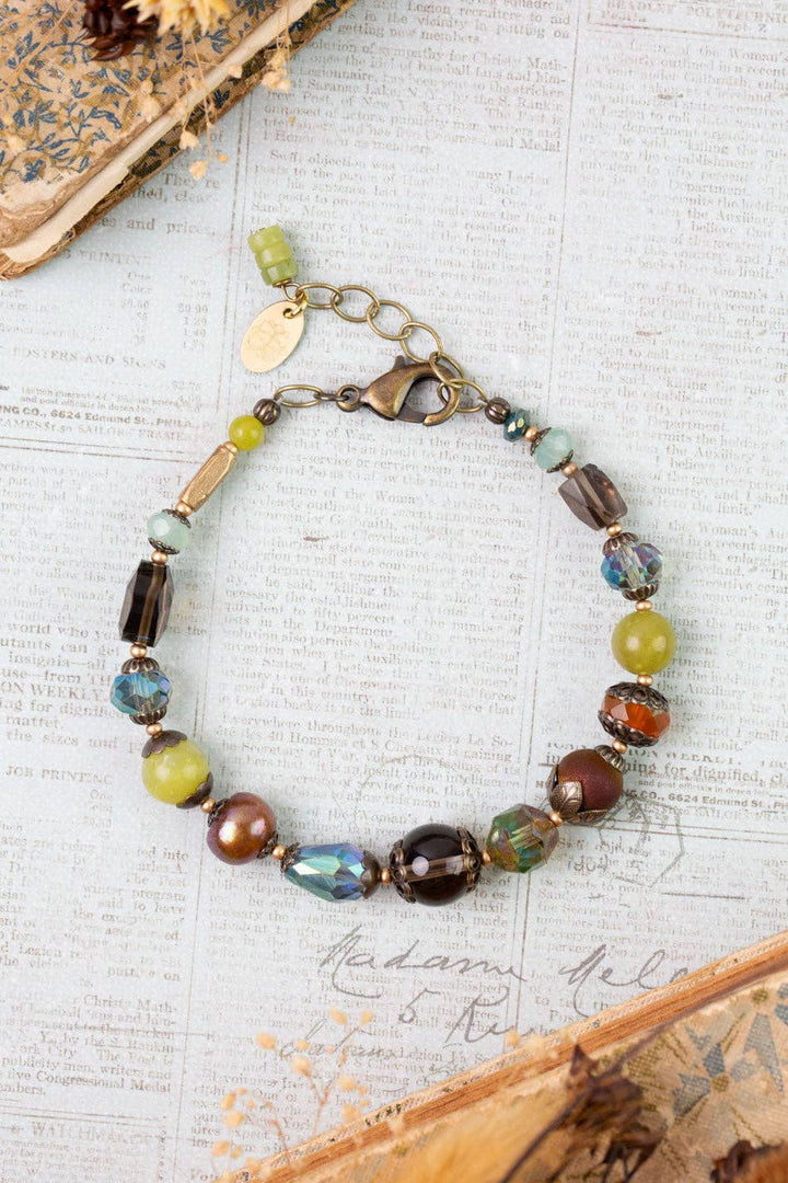 Crisp Autumn Green Jade, Crystal, Freshwater Pearl Collage Bracelet