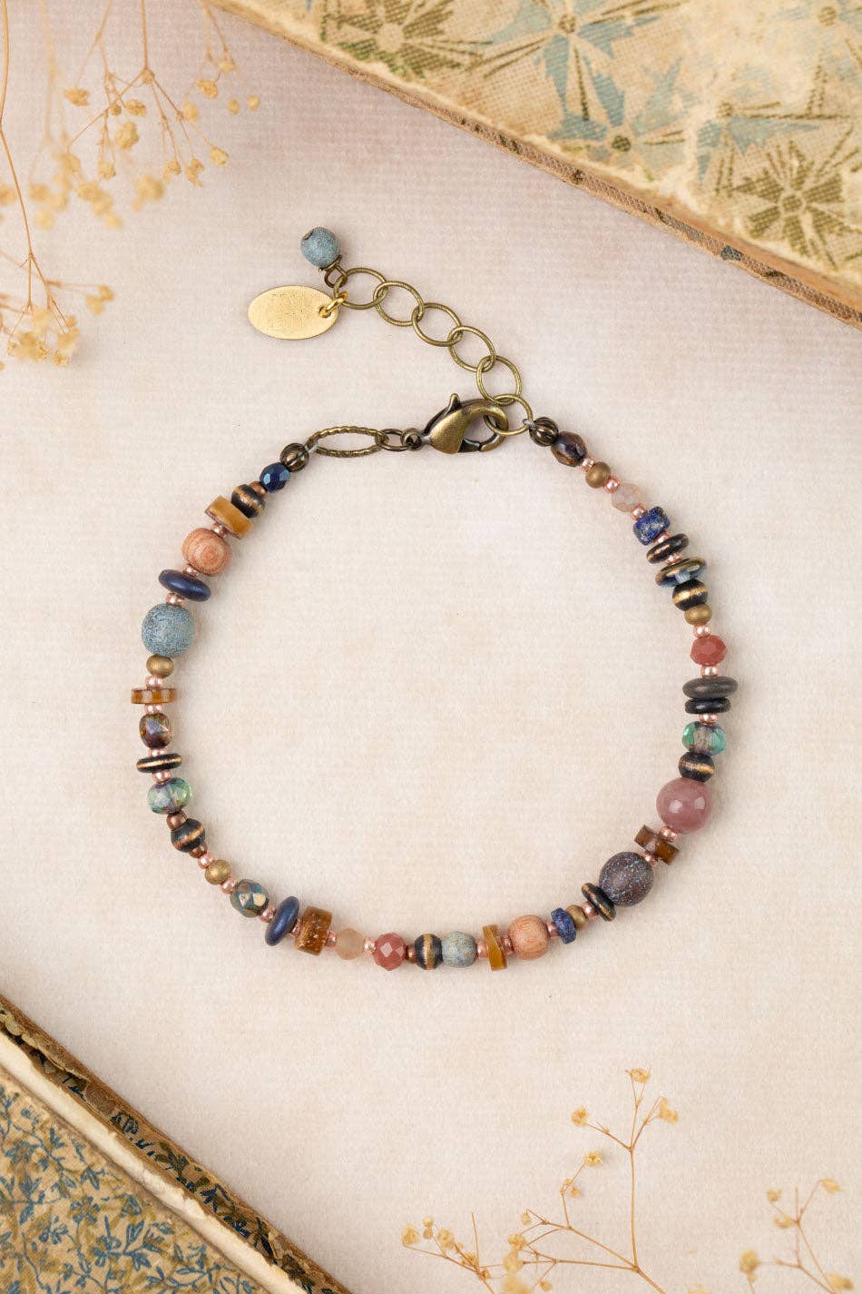 Storyteller Czech Glass, Muscovite, Wood Collage Bracelet