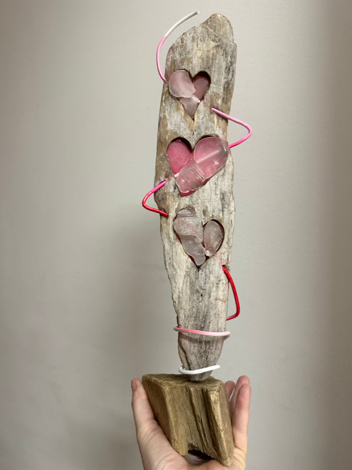 Driftwood + Beach Glass 3 Hearts Large