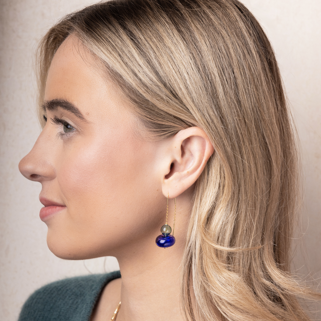 Teal + Blue + Gold Refined Glass Stacked Threader Earrings