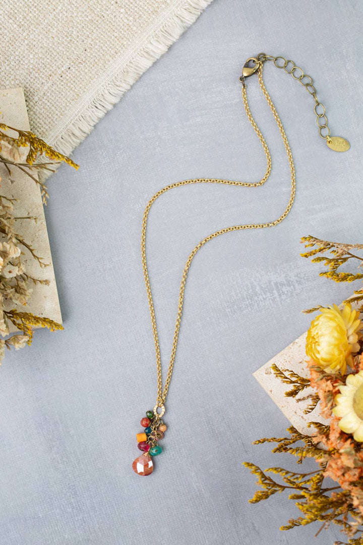 Farmers Market 15-17" Coral, Sunstone, Czech Glass Cluster Necklace