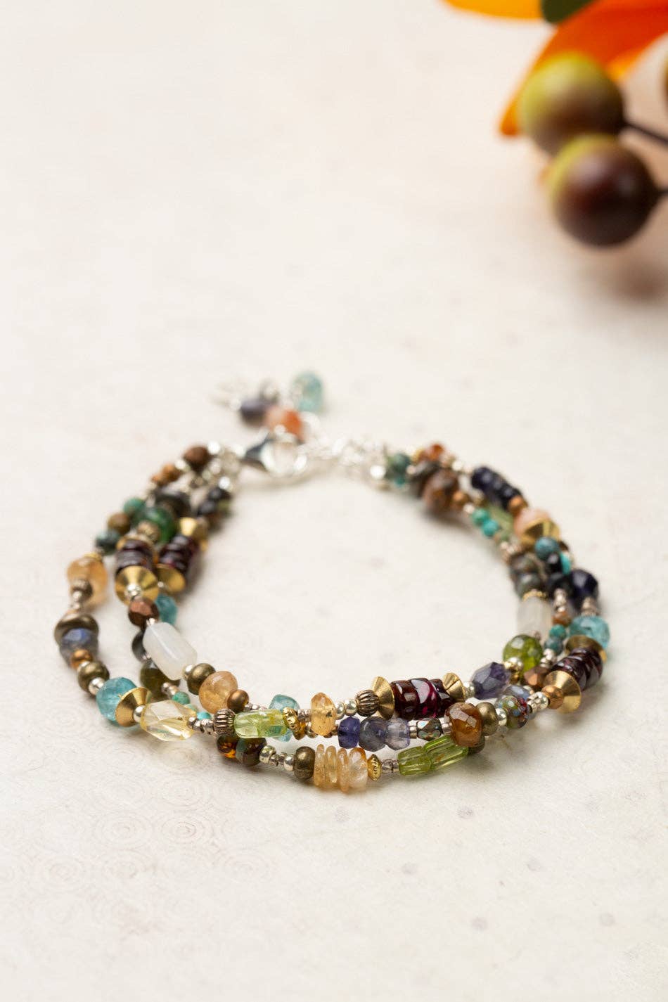 Thrive Peridot, Citrine, Garnet, Blue Apatite, Freshwater Pearl, Turquoise, Iolite, Labradorite Multistrand Bracelet