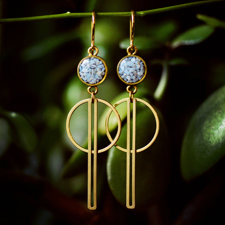 Geometric Circle and Bar Drop Earrings : Blue opal
