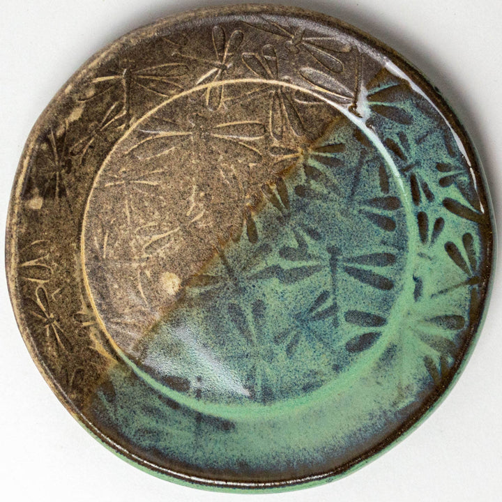 Dragonfly Pattern Stoneware Green Trinket Dish
