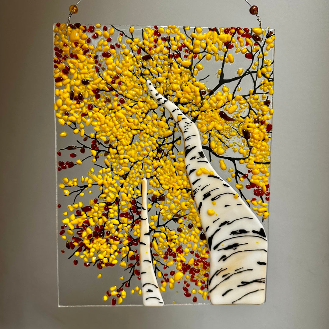 Yellow Birch Tree Scene Fused Glass Panel 1
