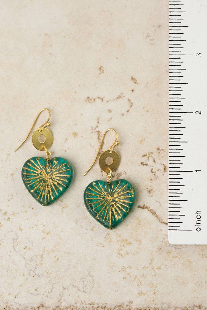Green Glass Heart Statement Earrings