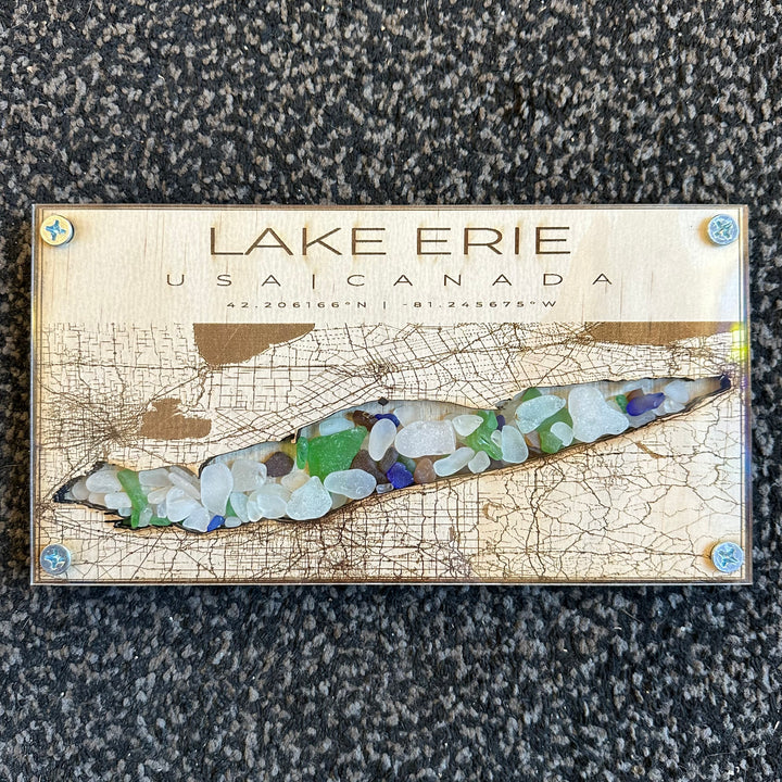 Lake Erie Map Wood + Beach Glass Small