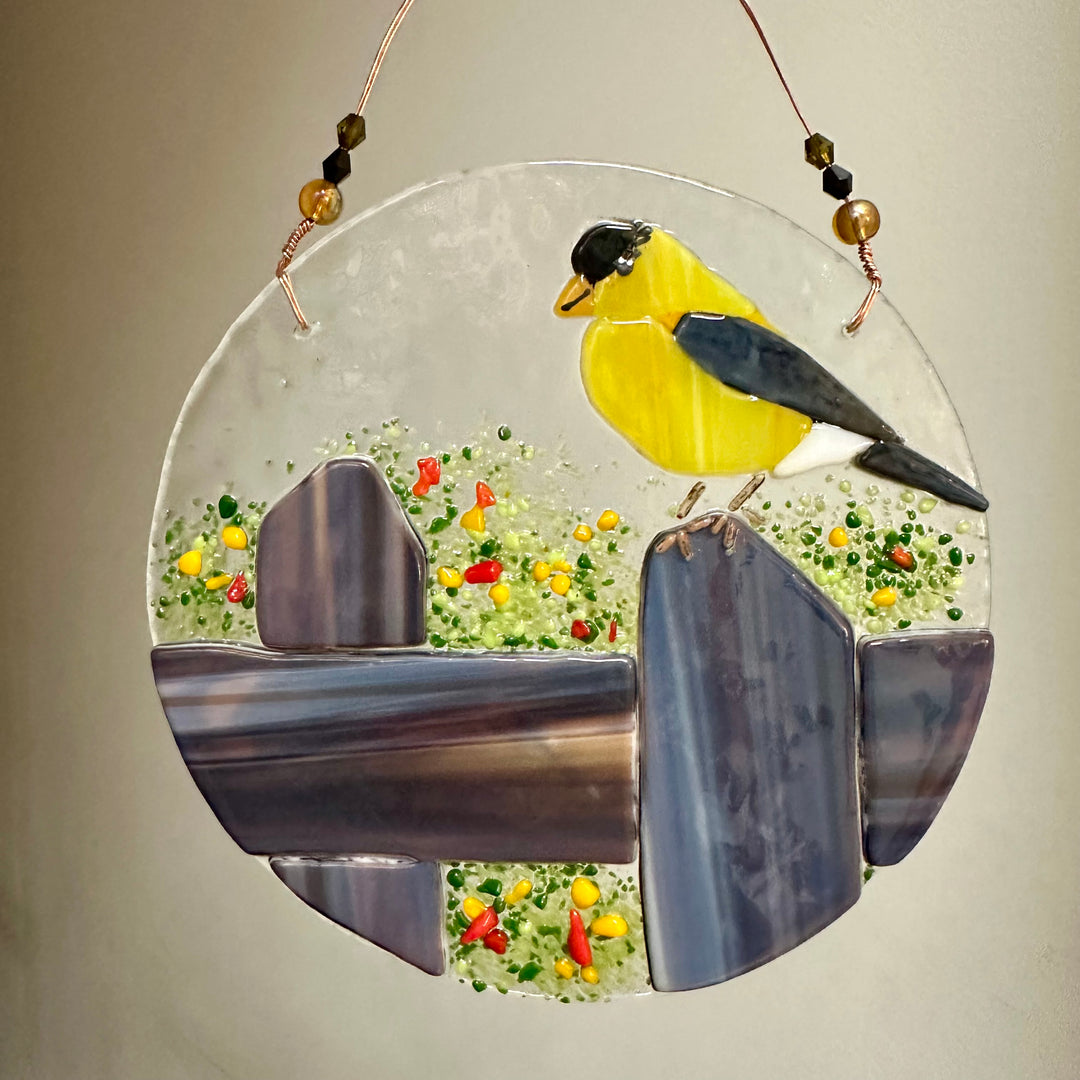 Yellow Finch on a Fence Fused Glass Suncatcher