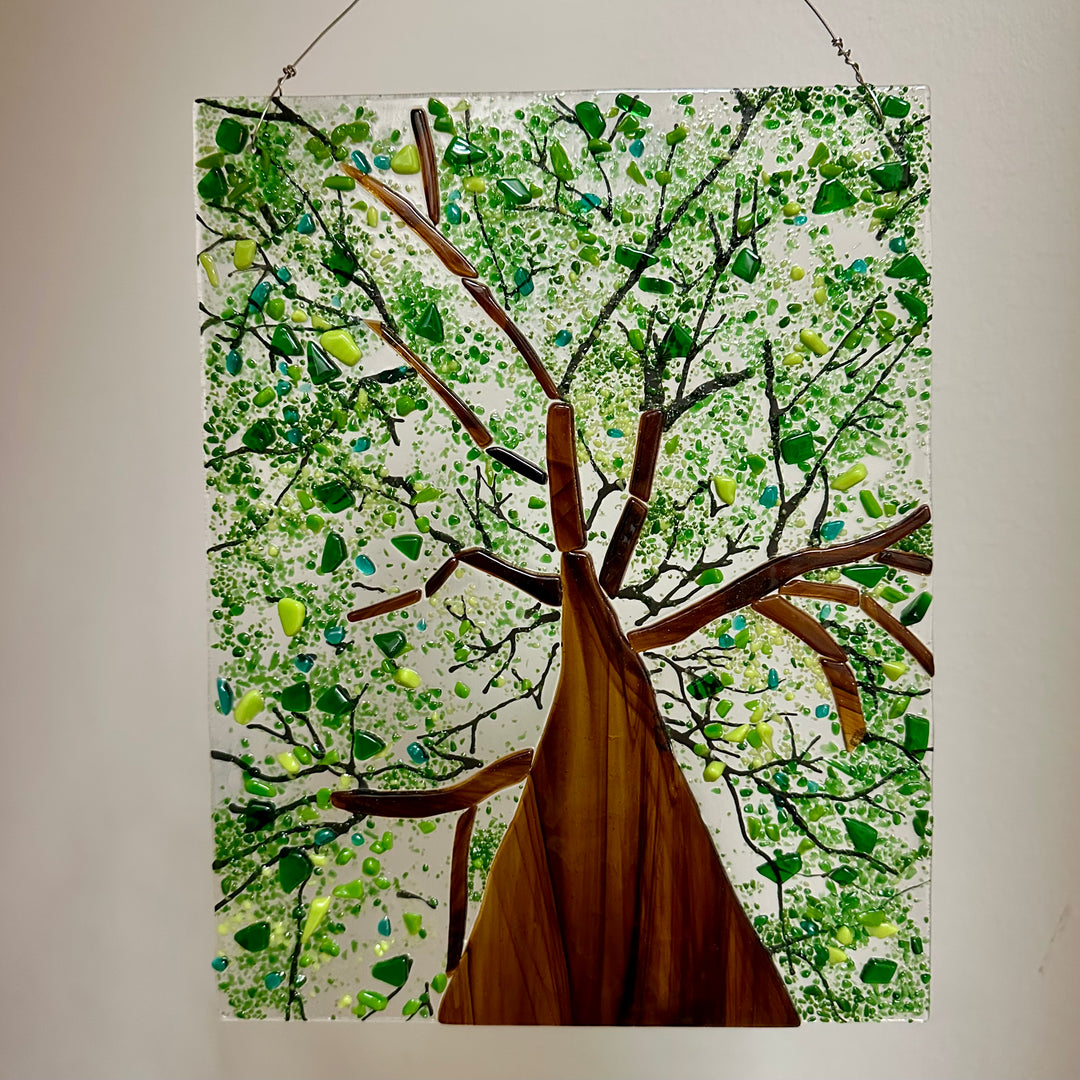 Green Tree Scene Fused Glass Panel